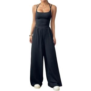 Floerns Women's Summer Jumpsuit Spaghetti Strap One Piece Outfit Wide Leg Baggy Pants Romper (Black Tall, Small)
