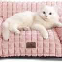 Cat Bed for Indoor Cats - Cute Pink Cat Couch Beds, Fluffy Pet Couch with Faux Rabbit Fur Washable Cover, Fuzzy Pet Sofa in 3D Diamond Pattern, 24inch