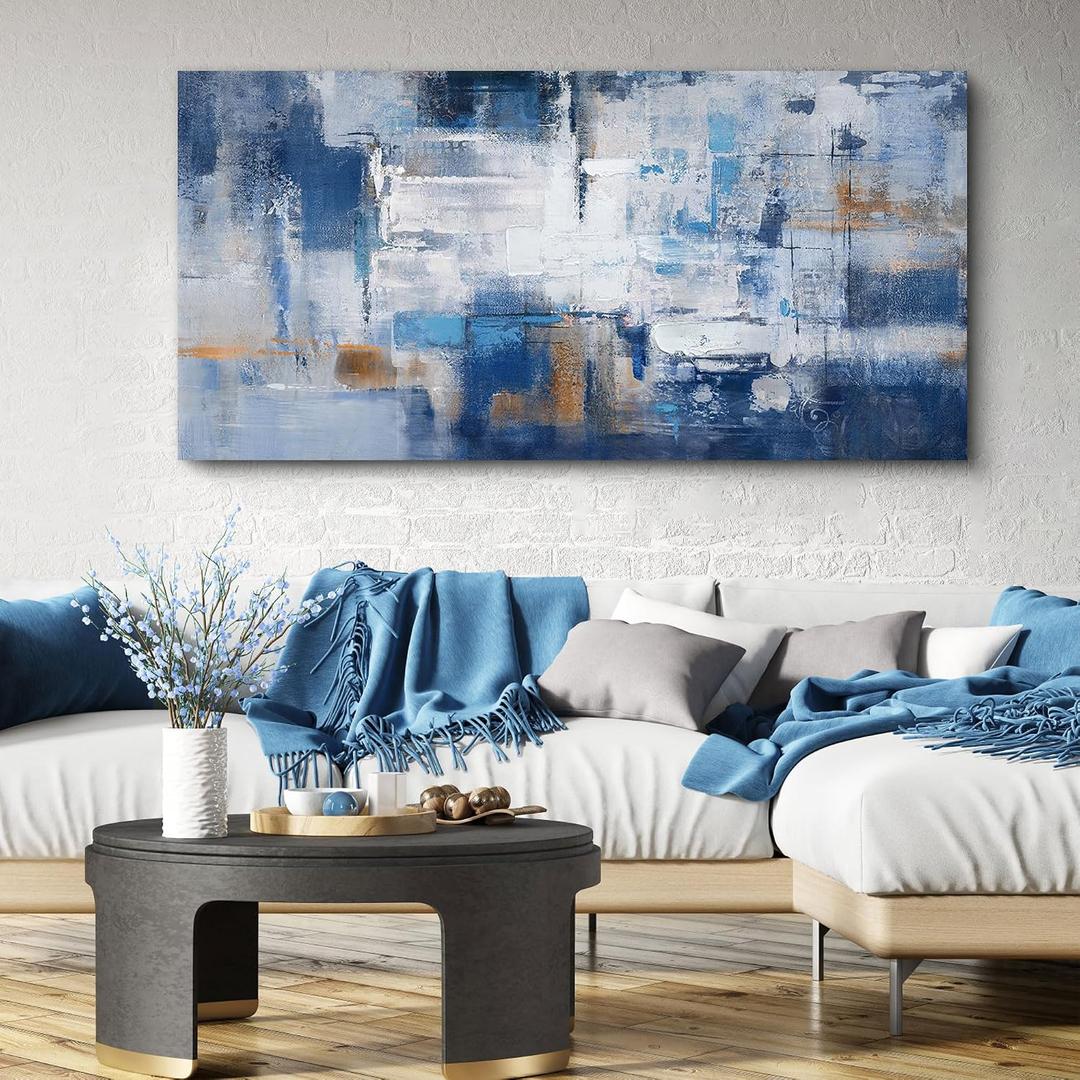 KLAKLA Blue Wall Decor - Abstract Canvas Wall Art for Living Room - Artistic Elegance Unveiled in a Beautiful Wooden Frame & Blue and White Pictures for Office Bedroom Wall Decoration Blue-White-Gray, 40"L x 20"W
