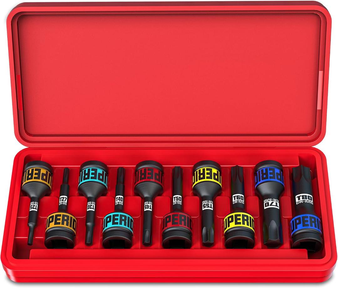 10 Piece 1/2" Drive Impact Torx Bit Socket Set, T25 - T80, Impact Star Bit Socket Set, CR-MO Steel, Automotive Machinery Repair Bicycle Servicing and Furniture Assembly