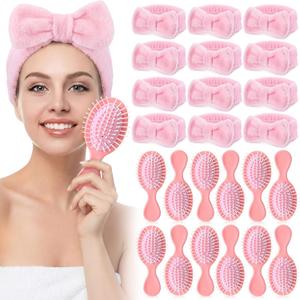 24 Pcs Spa Headband and Mini Hair Brush Bulk Spa Party Favor Include 12 Skincare Headbands with Bow 12 Dry Hairbrush for Women Skincare Gift Sleepover Party Supplies(Pink)