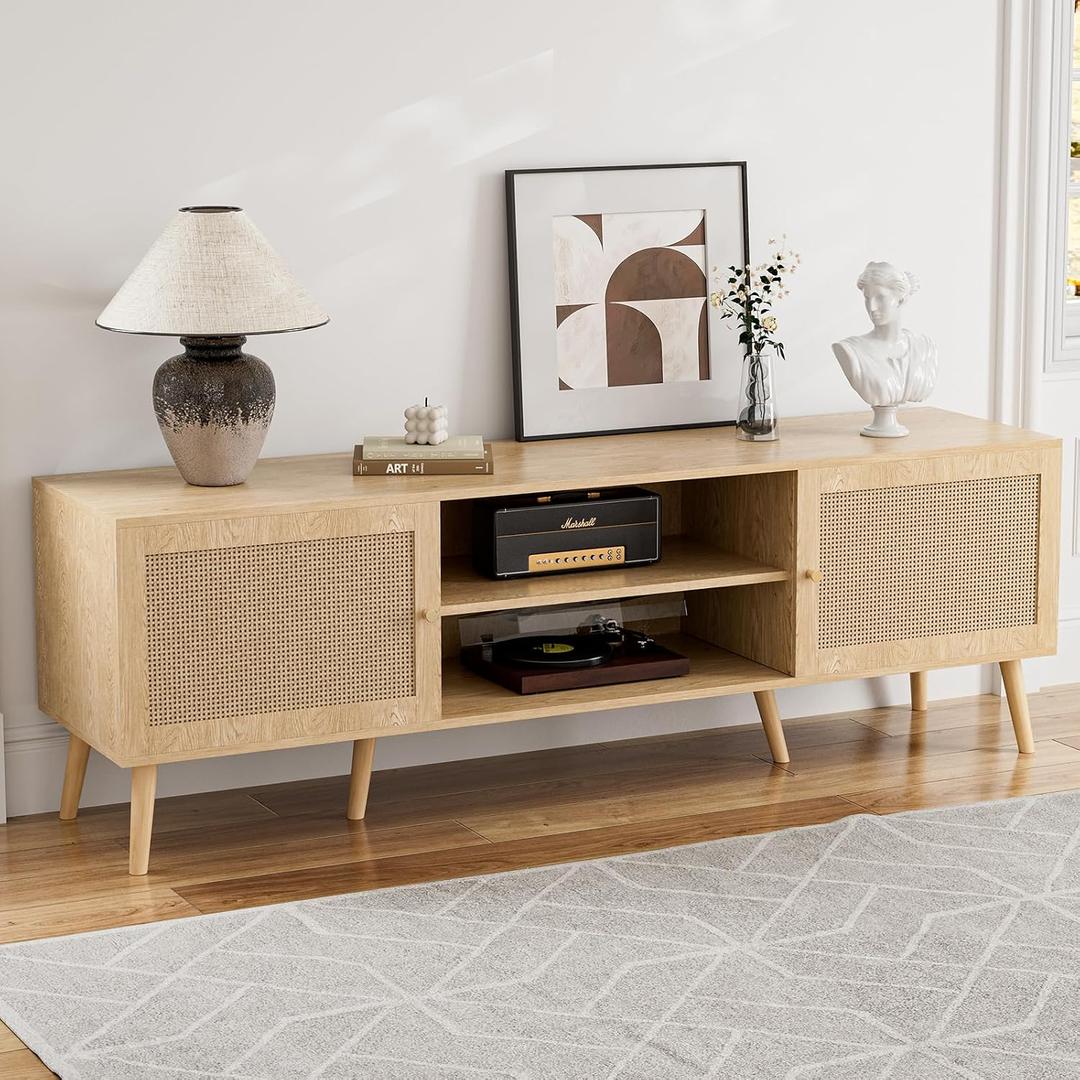 ZttRiee TV Stand for TVs up to 65'', Entertainment Center With Rattan Door, Shelves & 2 Cabinets, Long Boho Media Console for Living Room, Natural, 15.7" D X 54.7" W X 18.9" H