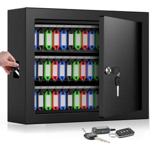 75 Keys Key Lock Box Wall Mount with 75 Colored Key Tags, Anti-Theft Key Box Key Cabinet with Side Opening, Key Organizer Key Safe for Home Office Garage Rental Business (Black)