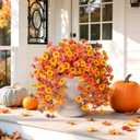 Ivydale 2 PCS Artificial Fall Hanging Flowers Fake Petunias Outdoor, Silk Faux Morning Glory Flowers with Eucalyptus,UV Resistant Realistic Mums Plants for Home Garden Decor (Fall Orange+Yellow)