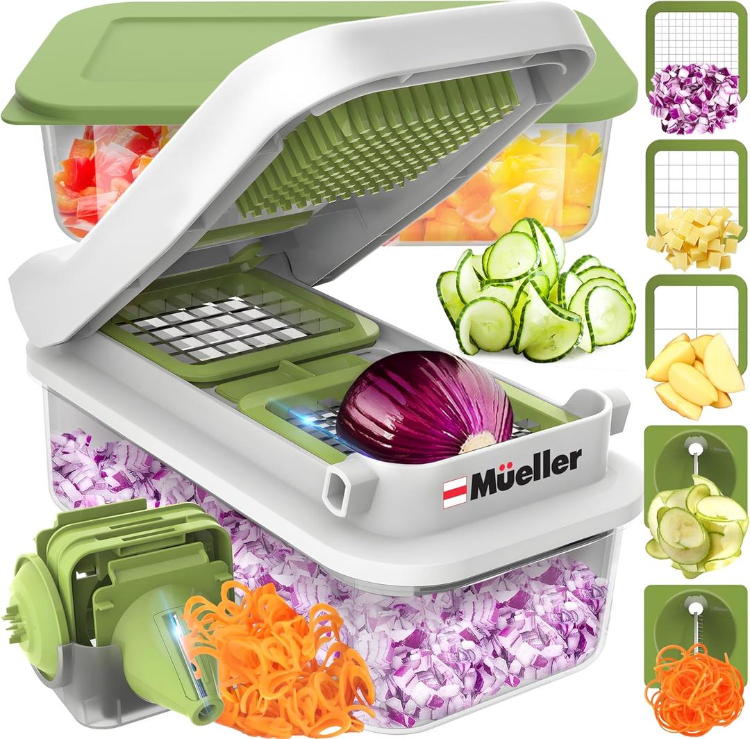 Mueller Pro-Series V Blade Veggie Chopper, Egg Slicer, Spiralizer, Dicer, Cutter, Food Chopper, Gifts for Mom, Kitchen Accessories & Kitchen Essentials with Food Container and Lid White Sand/Green (5 Blade)
