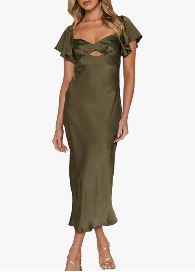 Summer Satin Flutter Sleeve Wedding Guest Dresses for Women Sweetheart Neckline Cutout Tie Back Midi Cocktail Dress, XL, Army