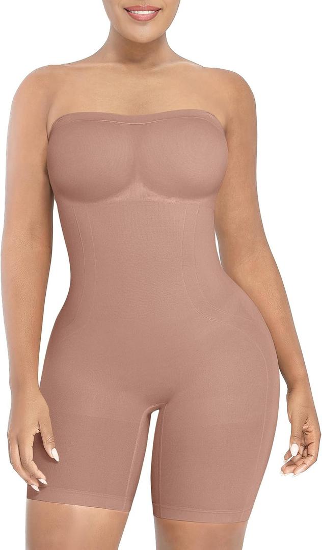 SHAPELLX Women's Shapewear Bodysuits Tummy Control Butt Lifter Body Shaper Strapless Seamless Mid Thigh Jumpsuit Tops (Beige, XL)