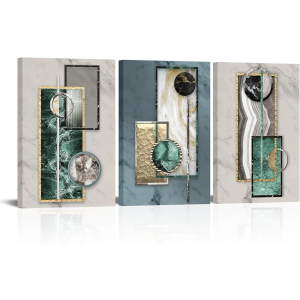 KLVOS 3 Pieces Abstract Canvas Wall Art Teal and Grey Geometric Circle Painting Pictures Minimalist Artwork Prints Modern Office Home Decor Framed