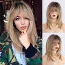 HAIRCUBE Blonde Wigs Shoulder Length Layered Wigs Long Curly Wigs for Women 18 Inch Wigs with Bangs (Ombre blonde dark rooted)