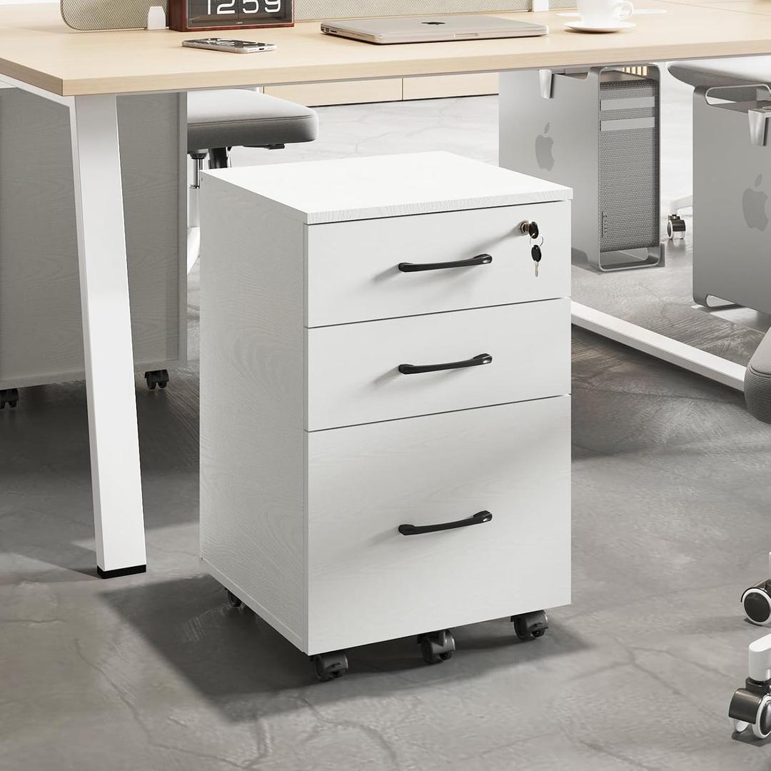 File Cabinet With Lock, 3 Drawer Wood Rolling Filing Under Desk for Home Office, Storage Fits Letter/A4 Size, Mobile Printer Stand, White, 15.5 inches x 26 inches x 15.5 inches