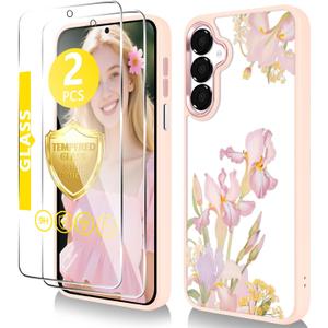 for Samsung Galaxy A16 5G Case6.7 inch with Tempered Glass Screen Protector Slim Soft TPU & Hard PC Crystal Clear Cover, Elegant Cute Floral Pattern Design for Girls Women-Iris/Pink