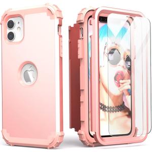 IDweel for iPhone 12 Case with Screen Protector, for iPhone 12 Pro Case, 3 in 1 Shockproof Slim Fit Hybrid Heavy Duty Hard PC Cover Soft Silicone Bumper Full Body Anti-Fingerprint Cover,Rose Gold