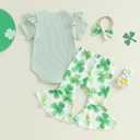 Newborn Baby Girl St Patricks Day Outfit Short Sleeve Letter Print Romper Clover Flare Pants Headband Clothes Set, 6-12M