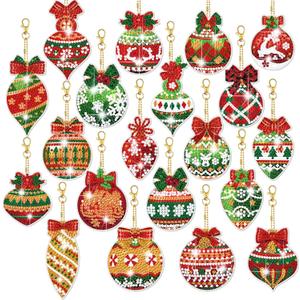 Tondiamo 20 Pcs Christmas Diamond Painting Keychain Kits 5D DIY Diamond Art Pendants Double Sided Hanging Key Chains for Christmas Party Decoration DIY(Balls Style)