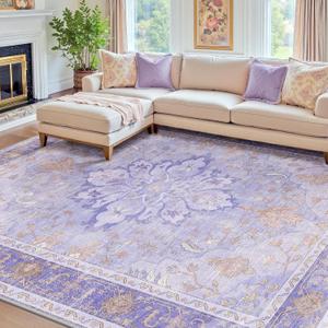 RELEANY Area Rugs 8'x10' Washable Non-Slip, Floral Vintage Distress Print Pattern Medallion Carpet for Living Room Bedroom Dining Room, Light Purple Brown