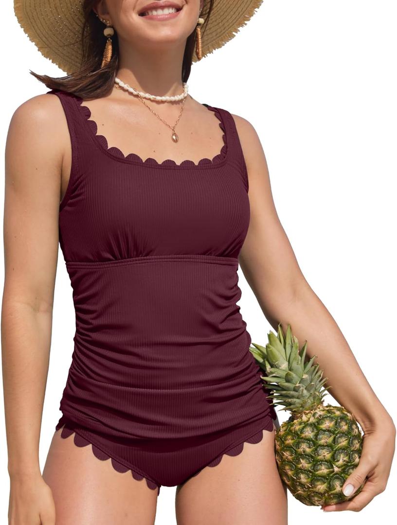 ANFILIA Womens Two Piece Ribbed Tankini Swimsuits Scalloped Tankini Tops with Bottoms Tummy Control Bathing Suits (XX-Large, Red)