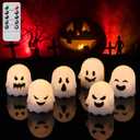 DRomance Halloween Ghost Lights Flameless Candles Battery Operated with Remote and Timer 6 Pack Spooky White LED Votive Candles Dimmable Light Halloween Indoor Decoration(2 x 2.4 Inches)