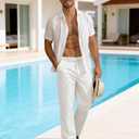 Linen Pants Men Casual Elastic Waist Drawstring Loose Straight with 4 Pockets (White, XL)