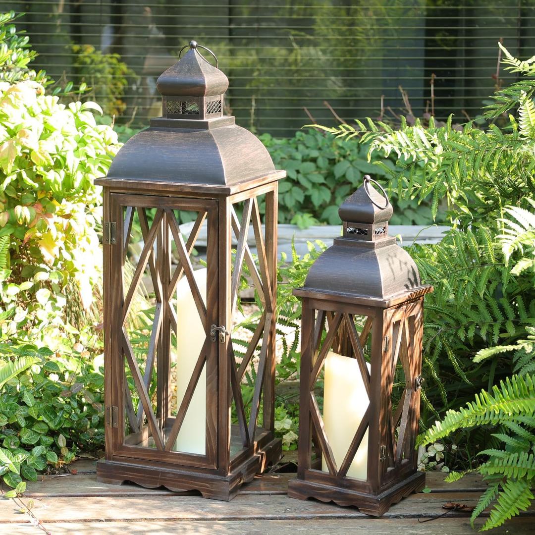 DECORKEY Large Farmhouse Wooden Metal Lantern Set of 2, 30''/22'' H Rustic Decorative Indoor & Outdoor Hanging Candle Lanterns, Wooden Outdoor Lanterns for Patio Front Porch Table, Brown