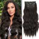 KooKaStyle Clip in Synthetic Hair Extensions Long Wavy 4PCS Thick Hairpieces Dark Brown 6# Fiber Double Weft Natural Hair Extensions 16 Inch for Women