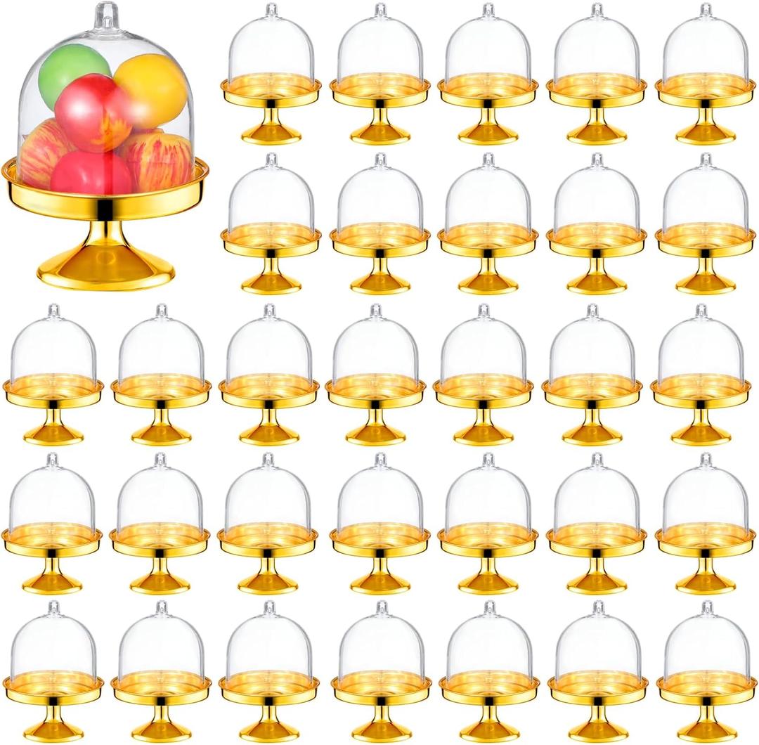 36 Pieces Plastic Mini Cake Stand with Dome Cover Chocolate Candy Cupcake Containers Dessert Display Plate with Dome Cover for Birthday Wedding Holiday Party Supplies (Gold)