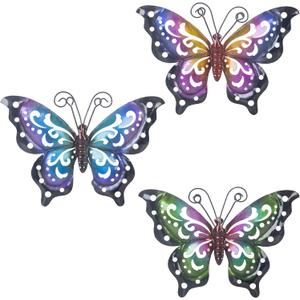 3 Pack Metal Butterfly Wall Art Outdoor Decor, Butterflies Spring Wall Sculpture Hanging Metal Wall Decorations for Garden, Patio, Fence, Yard, Living Room, Bedroom