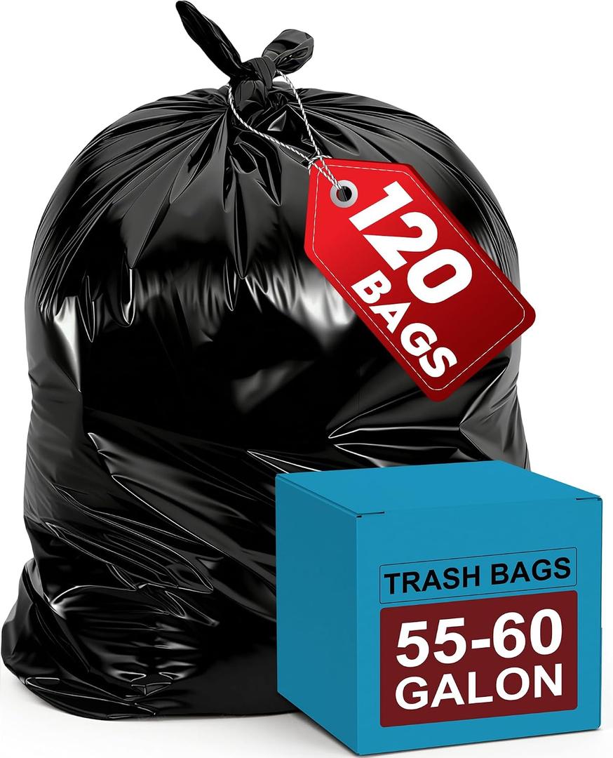120 Count 55 Gallon Contractor Garbage Bags, Heavy Duty & Tear-Resistant Commercial 55 Gallon Black Trash Bag, Super Sturdy Large Trash Bags, Construction Bag for Commercial, Outdoor, Lawn and Leaf