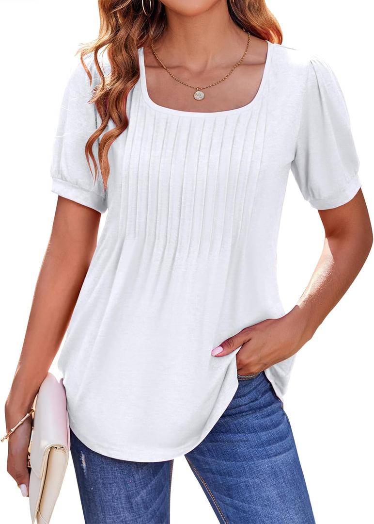 Zeagoo Womens Summer Tops Casual Puff Short Sleeve T Shirts Floral/Solid Pleated Tunics Square Neck Work Blouse S