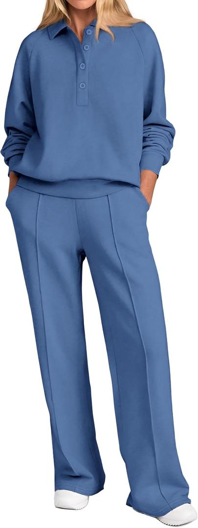 PRETTYGARDEN Women Fall 2 Piece Outfits Sweatsuits Quarter Button Long Sleeve Sweatshirt Wide Leg Pants Tracksuit Lounge Sets (X-Large, Blue)