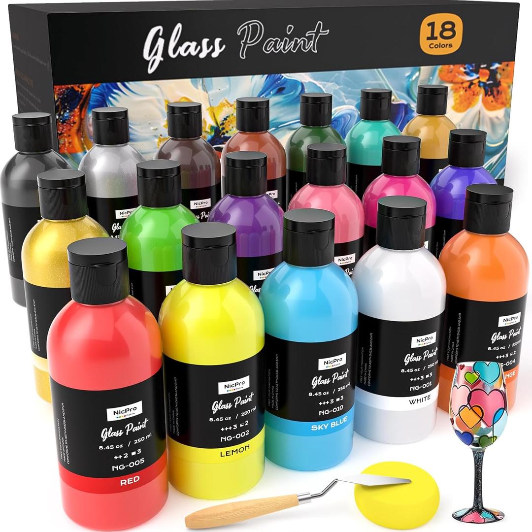 Nicpro 18 Colors Acrylic Glass Paint Set (8.45 oz, 250 ml) Large Bulk Enamel & Ceramic Painting Supplies Kit for Bottle Glass Jars Windows with Sponge & Art Knife, Opaque Gloss Finish