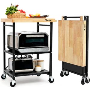 PLKOW Foldable Kitchen Cart with Solild Oak Wood Top, Rolling Kitchen Island on Wheels, 3-Tier Storage Utility Cart for Microwave, Toaster Oven, Small Spaces, 25.39 x 19.6 x 35.83 inches