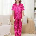 MyFav Pajama Set for Girls Button Down Silky Kids Sleepwear Nightwear Loungewear Clothes Set (Pink)
