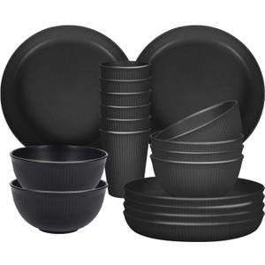 Plates and Bowls Sets, 18 piece Lightweight Unbreakable Dinnerware Set for 6Camping Plates for Picnic Dish Sets with 23cm Plates, 15cm Bowls, Cups for Kitchen Black