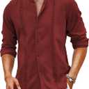 COOFANDY Men's Cuban Guayabera Shirt Casual Long Sleeve Button Down Shirts Band Collar Linen Summer Beach Shirt (XXL)