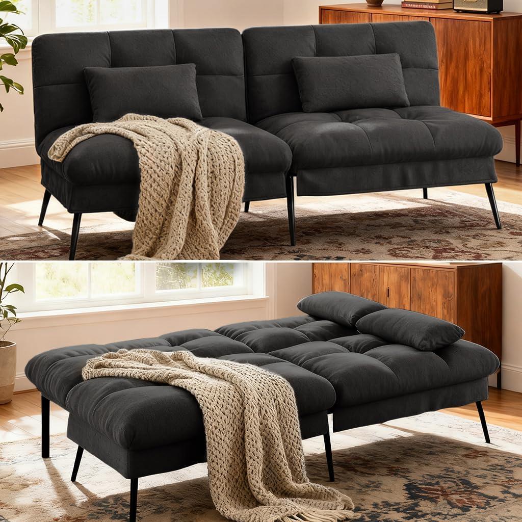 COMHOMA Convertible Sofa Bed,72Fabric Couch with Adjustable Backrest,Loveseat Recliner Sleeper Living Room Furniture futon Set (Black)