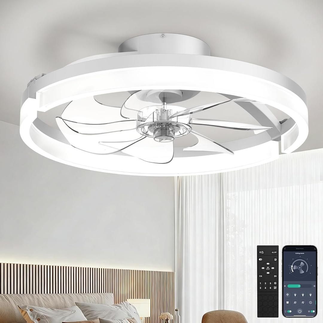 Ceiling Fans with Lights and Remote, Low Profile Ceiling Fan, Morden Flush Mount LED Fan Light, 3000K-6500K Dimmable for Bedroom, Kitchen, Living Room, Frosted, White, 19inch