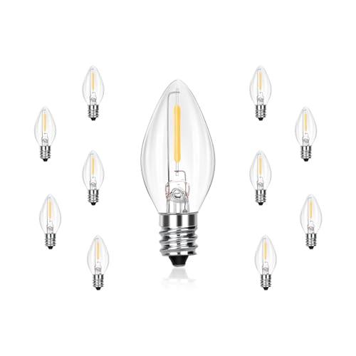 CHYSUPER C7 LED Replacement Christmas Light Bulbs, 10 Pack Clear Shatterproof Halloween Bulbs for Outdoor String Lights, Xmas Tree Patio Porch Holiday Party Decor, E12 Candelabra Base, Warm White Pack of 2