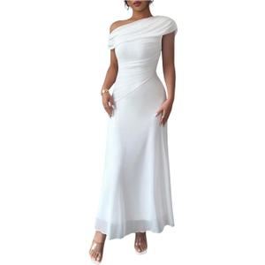 Verdusa Women's Wedding Guest Dress Off Shoulder Ruched Long Cocktail Dresses Party Outfits White Medium
