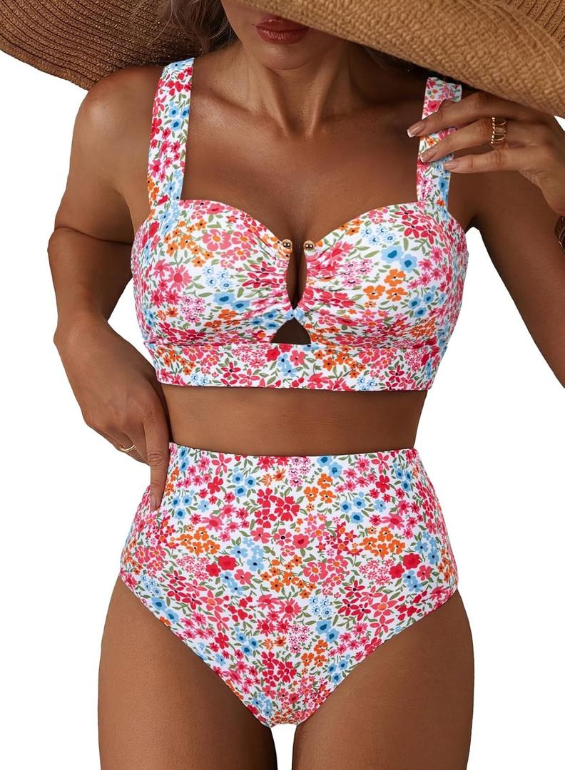 Herseas Women's 2 Piece U Wire Cutout Bikini Sets Floral Print High Waisted Swimsuit 2026 Summer Beach Swim Bathing Suit XL