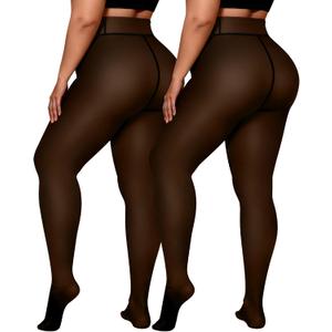 OEAK Womens Fleece Lined Tights Sheer Fake Translucent Pantyhose Thermal Tights High Waisted Footed Leggings (XX-Large, 2 Pairs Black)