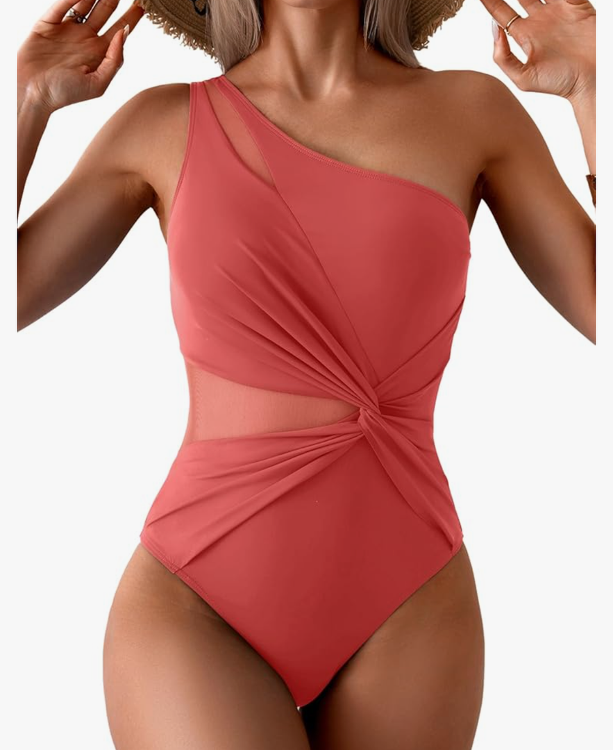 One Shoulder One Piece Swimsuit for Women Mesh Tummy Control Bathing Suit Twist Swimwear Size Medium