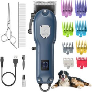 Dog Clippers for Grooming for Heavy Thick Hair&Coats,Low Noise Dog Hair Trimmer,Rechargeable Cordless Pet Shaver with Stainless Steel Blade, Dog Grooming Kit for Small Large Dogs Pets (Blue)
