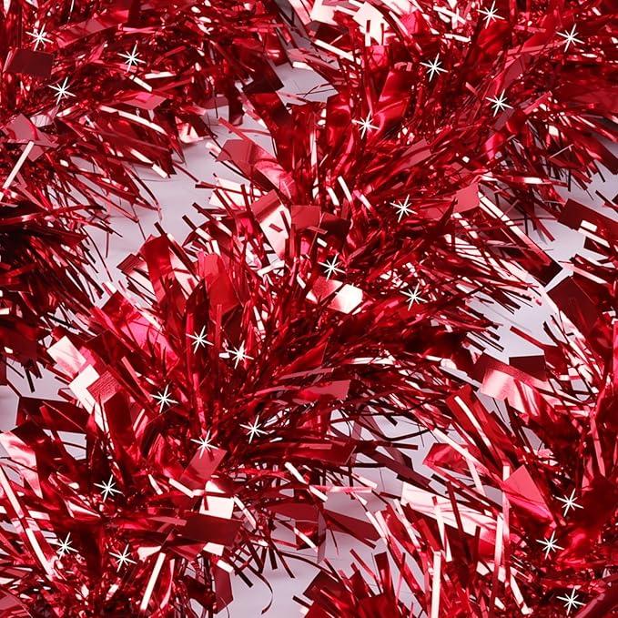 50 Feet Red Christmas Tinsel Garland for Christmas Tree Decorations, Xmas Metallic Twist Shiny Hanging Garland Decor for Mantle Stairs Fireplace Home Holiday Indoor Outdoor