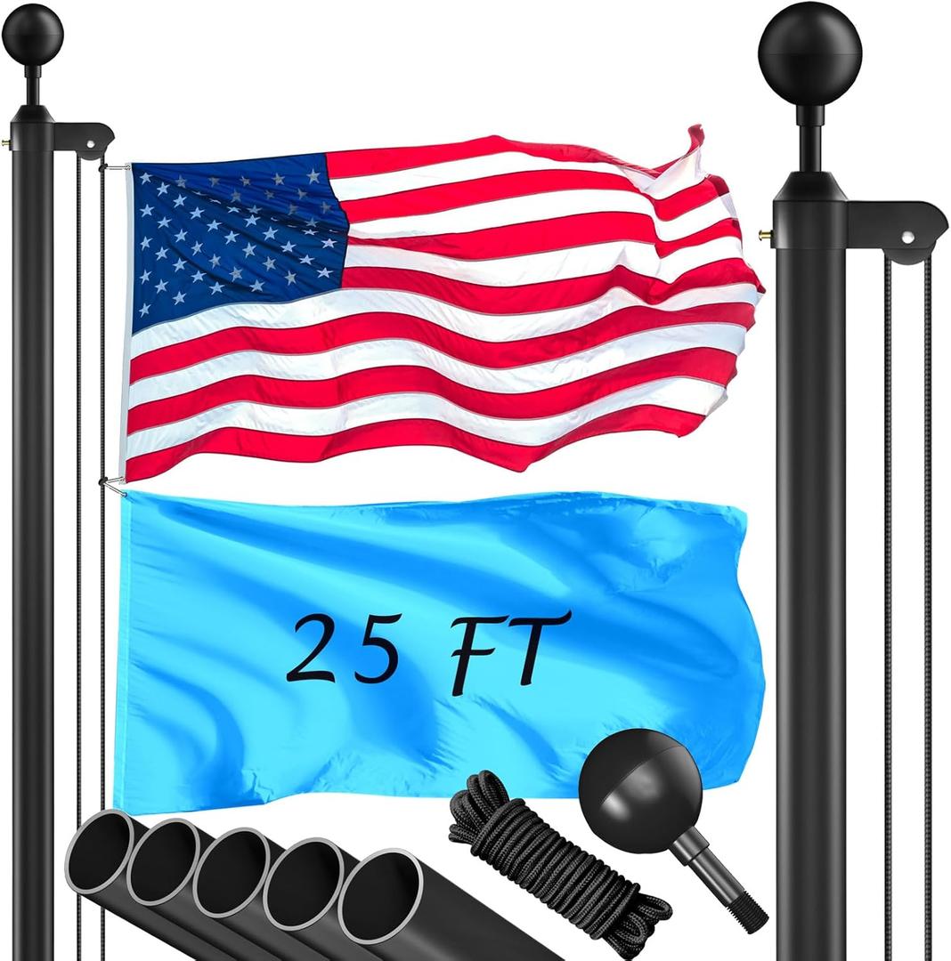 Flag Pole Kit 25FT, 12 Gauge 1.8mm Thickness Heavy Duty Flag Poles with 3x5 American Flag, Black Flag pole for Outdoor House In Ground, Extra Thick Flagpoles Suitable for Yard and Garden (25FT, Black)