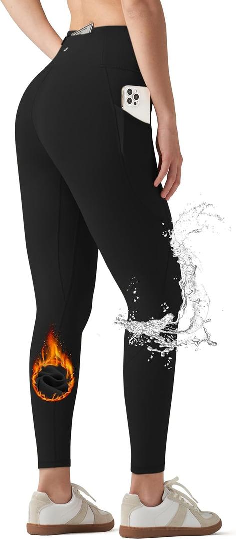 Willit Women's Fleece Lined Leggings Water Resistant Winter Pants Thermal High Waisted Yoga Hiking Running Tights Pockets (Large, Black)