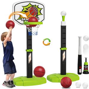 3-in-1 Toddler & Kids Basketball Hoop & T-Ball Set with Automatic Pitching - Adjustable Height, Indoor/Outdoor Sports Toys for Ages 2 3 4 5 6, Birthday (Green)