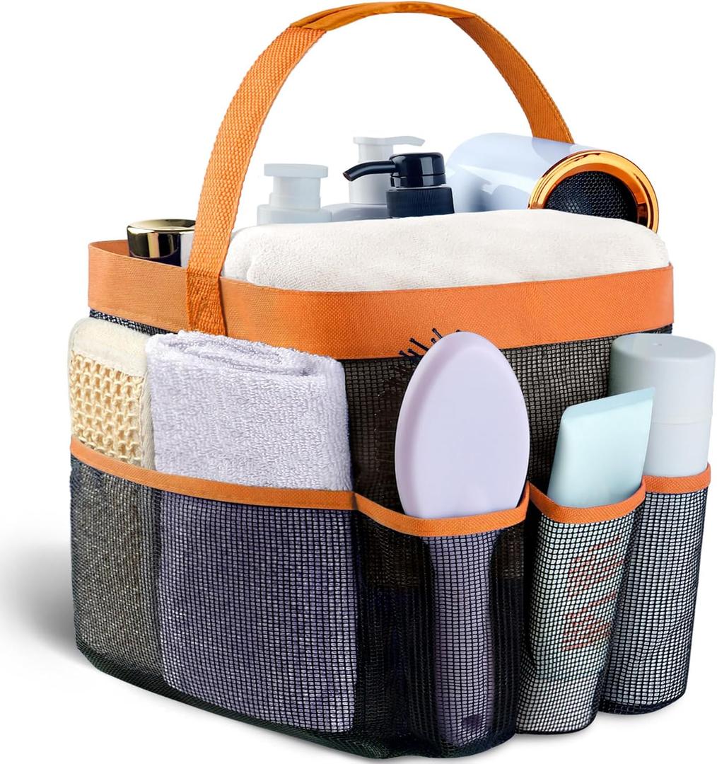 Attmu Mesh Shower Caddy Portable for College Dorm Room Essentials with 8 Pockets, Hanging Shower Caddy Dorm Basket, Quick Dry Shower Bag for Bathroom (Orange)