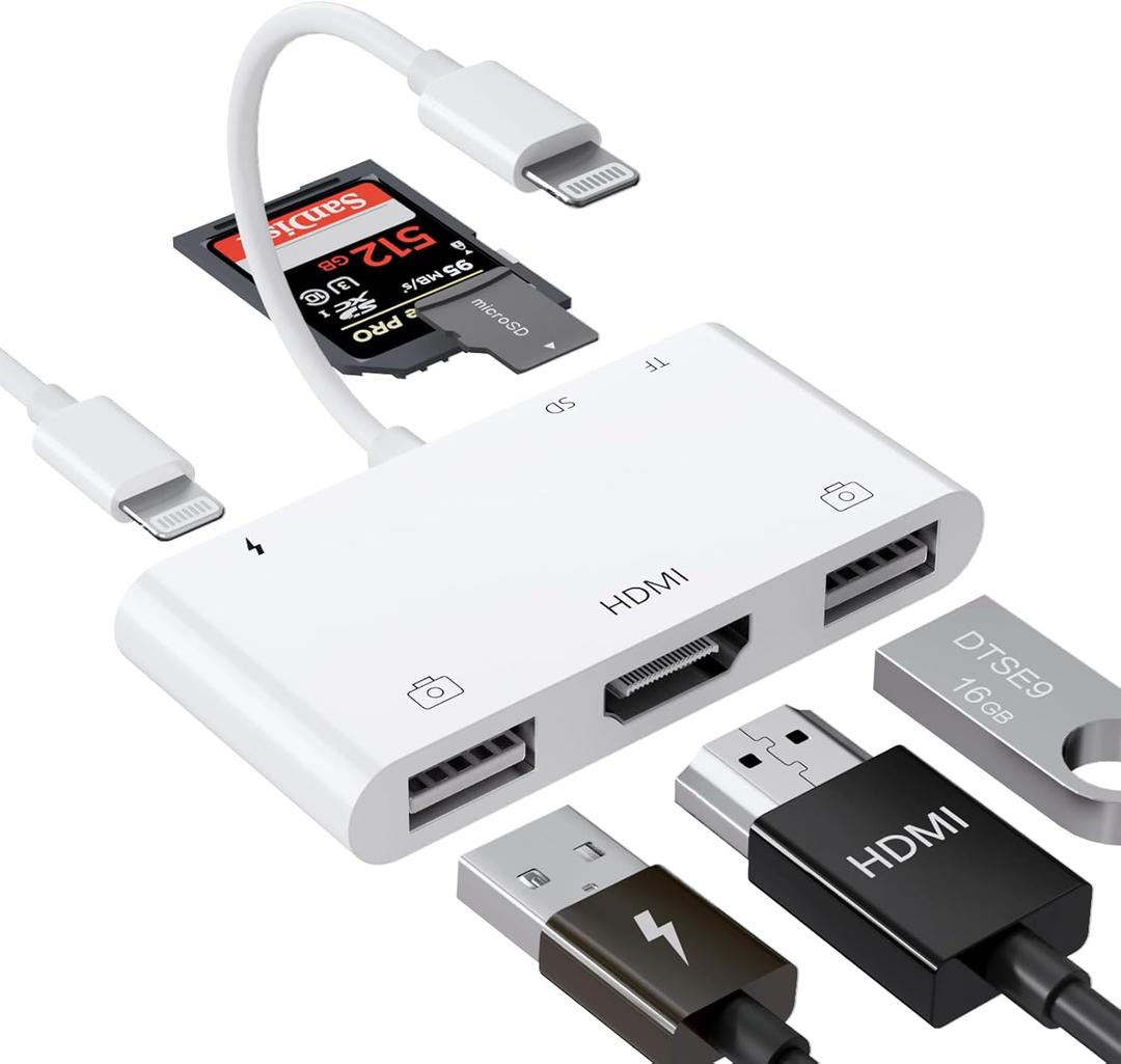 Lightning to HDMI Adapter with USB Camera and Charging Port, SD Card Reader for iPhone, 6 in 1 Camera Adapter to iPhone, Supports MIDI Keyboard, Mouse, HD TV/Projector/Monitor, Plug & Play White