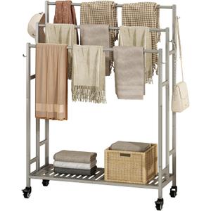 SORCEDAS Towel Rack 3 Tier Free Standing Metal Towel Stand with Storage Shelf and Wheel for Extra Large Towel Blanket Drying (Grey)