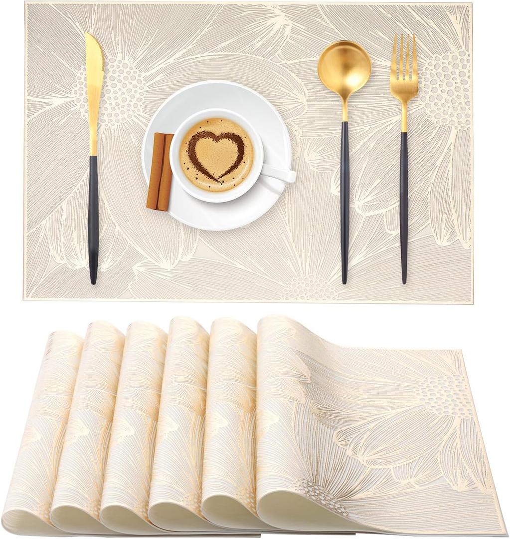 Gold Rectangle Placemats Set of 6 Vinyl Place Mats for Dining Tables Kitchen Indoor Easy to Clean Heat Resistant Wipeable Washable Modern Dining Table Mats Wedding Holiday Party Festival Decor